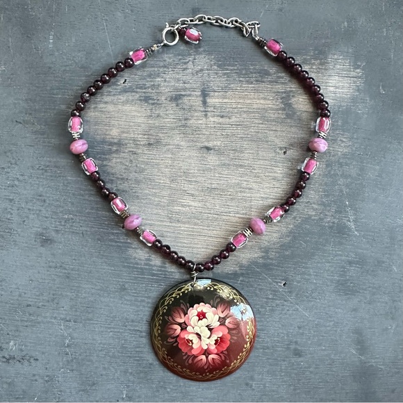 Vintage Jewelry - Vintage hand painted Russian lacquer round brooch pendant necklace, signed, 2”